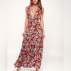 Lulu’s Floral More Flower to Ya Rust Summer Sleeveless Vacation Maxi Dress